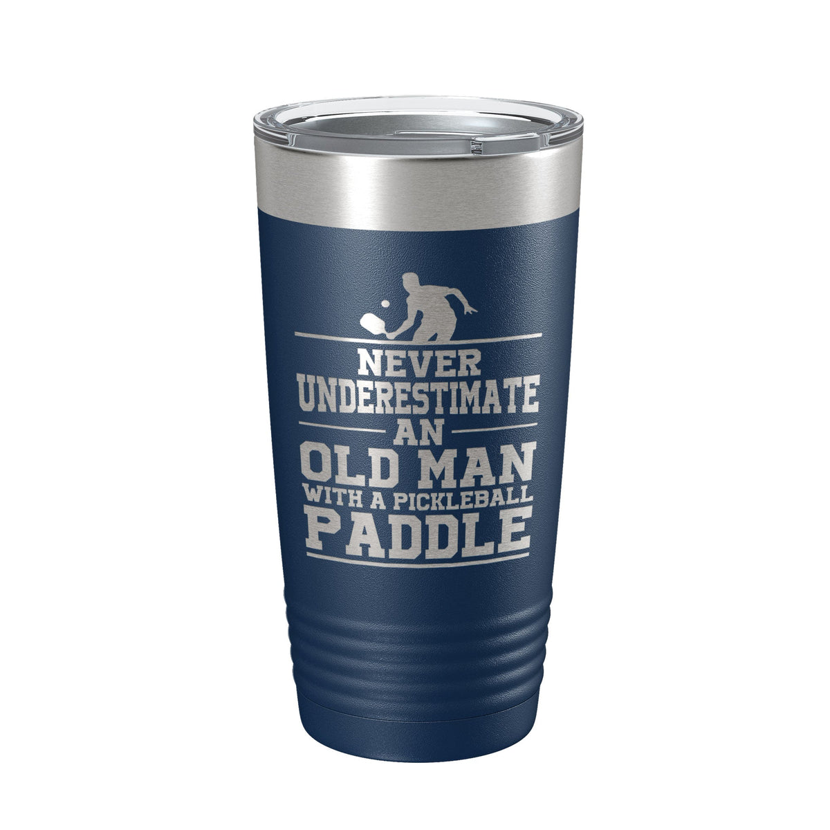 Funny Pickleball Tumbler Never Underestimate An Old Man With A Pickle Ball Paddle Travel Mug Insulated Laser Engraved Coffee Cup Gift 20 oz