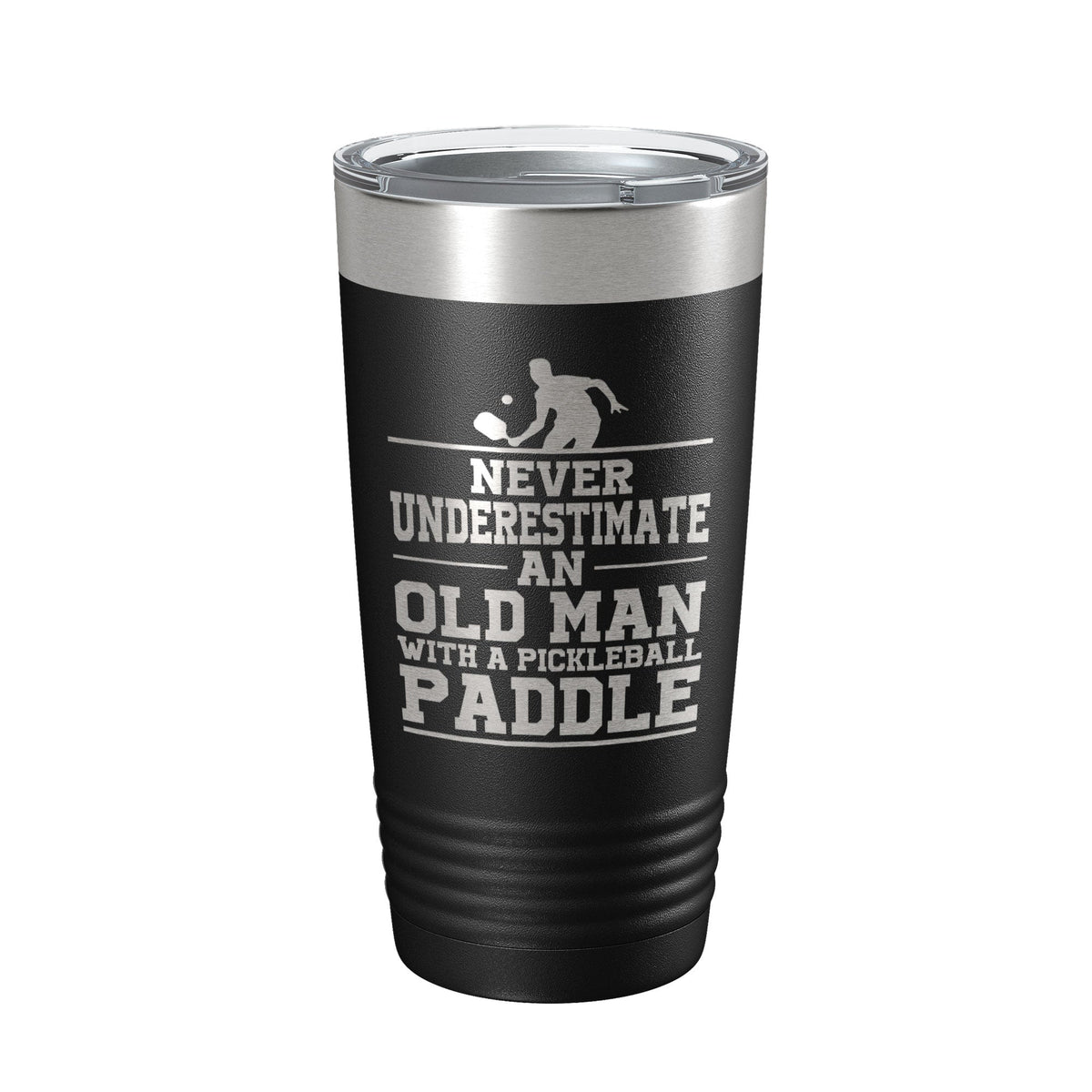 Funny Pickleball Tumbler Never Underestimate An Old Man With A Pickle Ball Paddle Travel Mug Insulated Laser Engraved Coffee Cup Gift 20 oz
